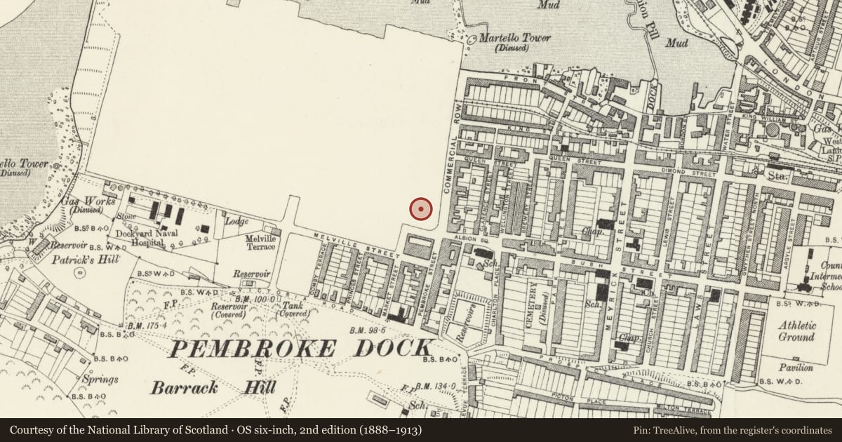 Ordnance Survey six-inch map, 2nd edition (1888–1913) covering the location of Former Dockyard Chapel, Pembroke Dock, Pembrokeshire, with a pin at the register's coordinates