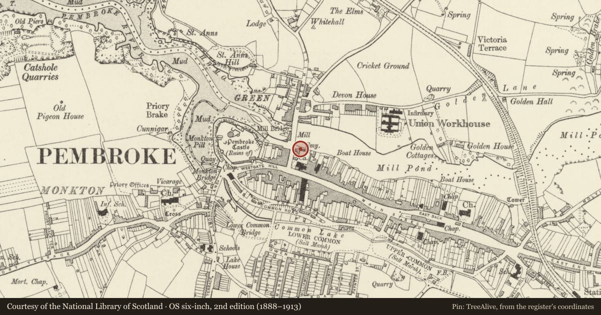 Ordnance Survey six-inch map, 2nd edition (1888–1913) covering the location of No 1 Town Quay including one-story range attached to rear, Pembroke, Pembrokeshire, with a pin at the register's coordinates