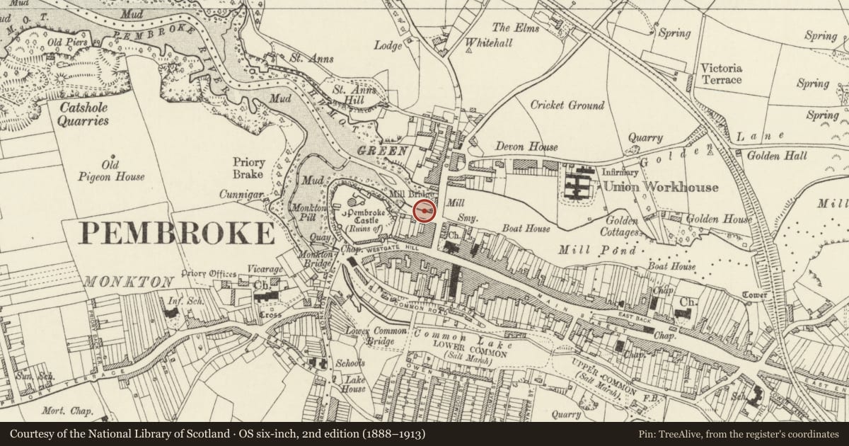 Ordnance Survey six-inch map, 2nd edition (1888–1913) covering the location of The Town Quay, Pembroke, Pembrokeshire, with a pin at the register's coordinates