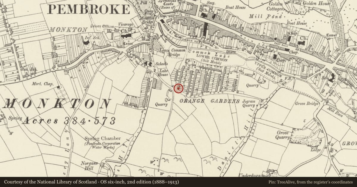 Ordnance Survey six-inch map, 2nd edition (1888–1913) covering the location of 31 West Street, Pembroke, Pembrokeshire, with a pin at the register's coordinates
