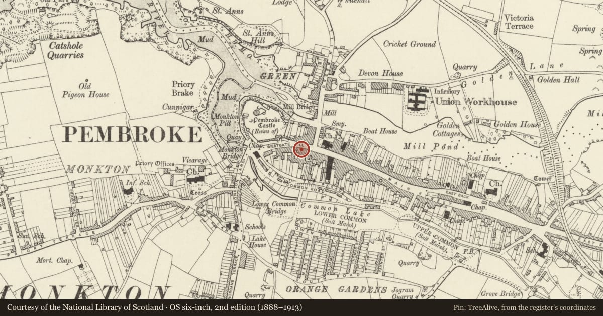 Ordnance Survey six-inch map, 2nd edition (1888–1913) covering the location of Former Cromwell Brewery, Pembroke, Pembrokeshire, with a pin at the register's coordinates