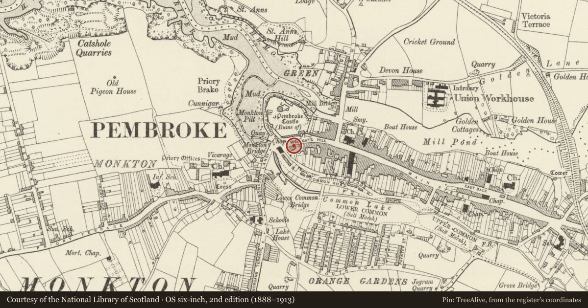 Ordnance Survey six-inch map, 2nd edition (1888–1913) covering the location of Flemish Cottage, Pembroke, Pembrokeshire, with a pin at the register's coordinates