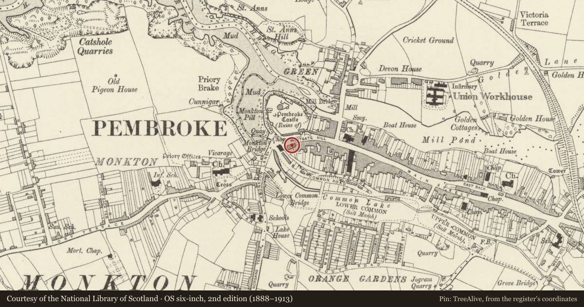 Ordnance Survey six-inch map, 2nd edition (1888–1913) covering the location of 10 Westgate Hill, Pembroke, Pembrokeshire, with a pin at the register's coordinates