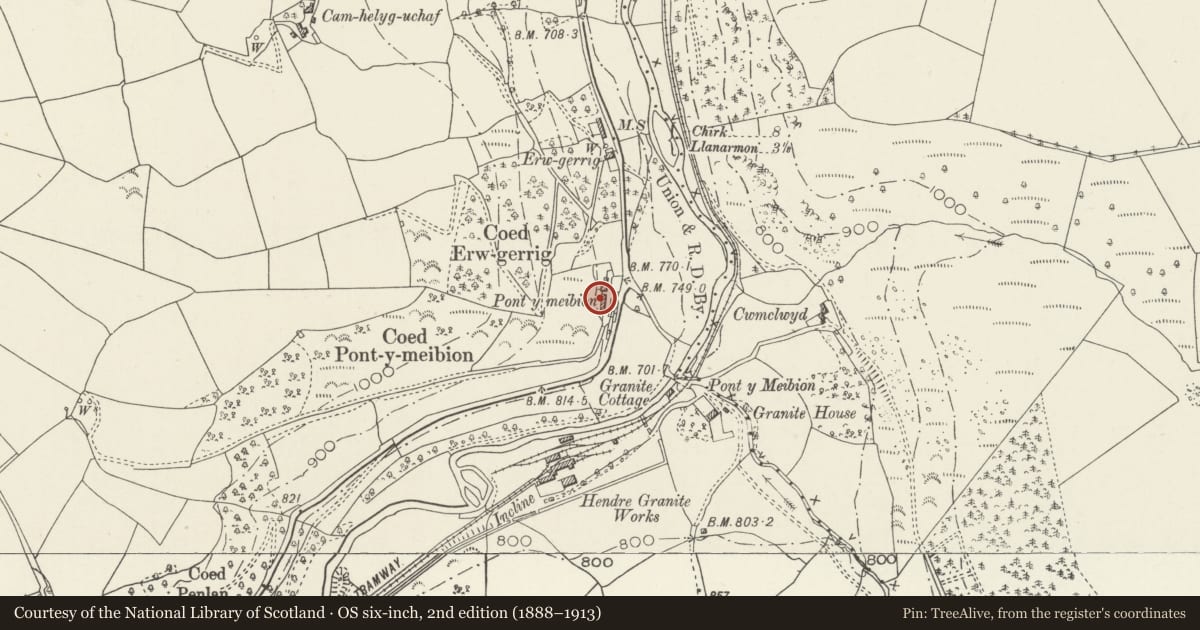 Ordnance Survey six-inch map, 2nd edition (1888–1913) covering the location of Farm Building to the S of Pont y Meibion Farmhouse, Ceiriog Ucha, Wrexham, with a pin at the register's coordinates