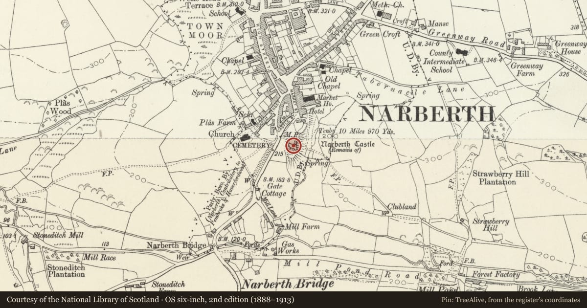 Ordnance Survey six-inch map, 2nd edition (1888–1913) covering the location of Narbeth Castle, Narberth, Pembrokeshire, with a pin at the register's coordinates