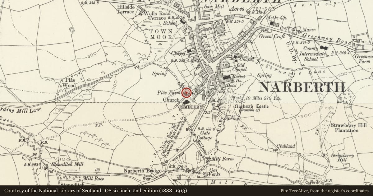Ordnance Survey six-inch map, 2nd edition (1888–1913) covering the location of Plas Farmhouse, Narberth, Pembrokeshire, with a pin at the register's coordinates