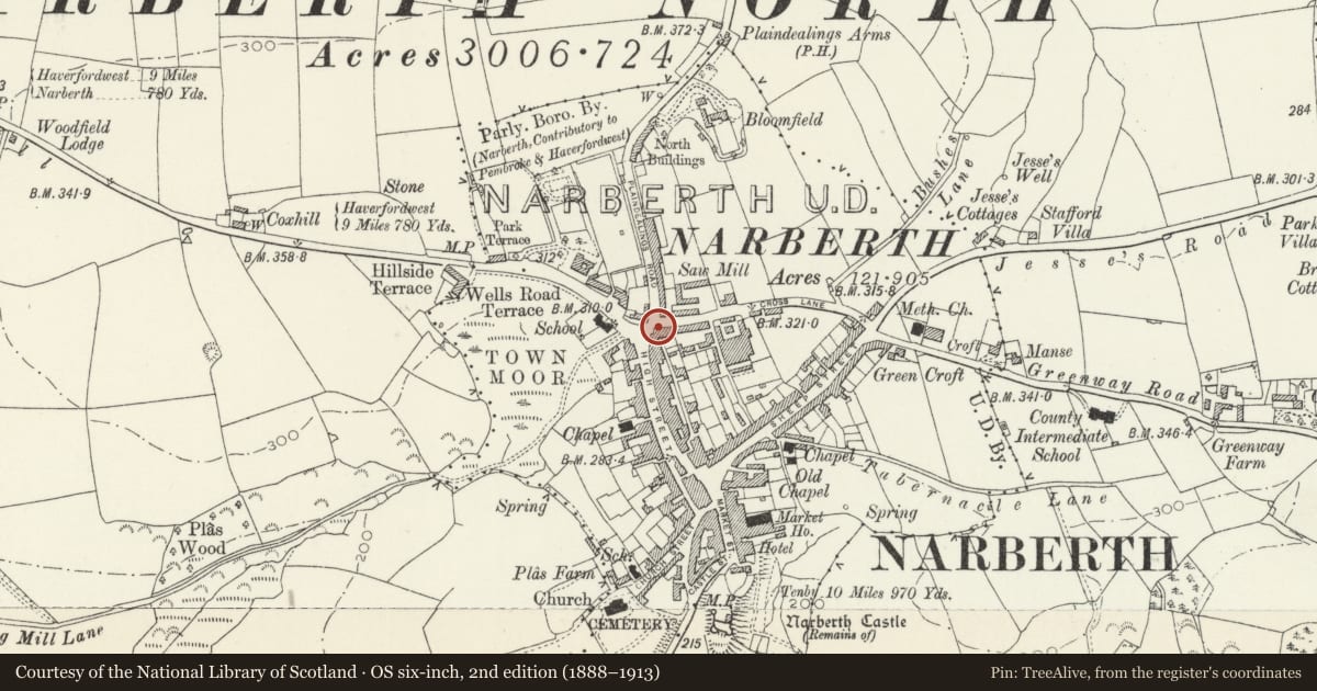 Ordnance Survey six-inch map, 2nd edition (1888–1913) covering the location of The Coach & Horses Inn, Narberth, Pembrokeshire, with a pin at the register's coordinates