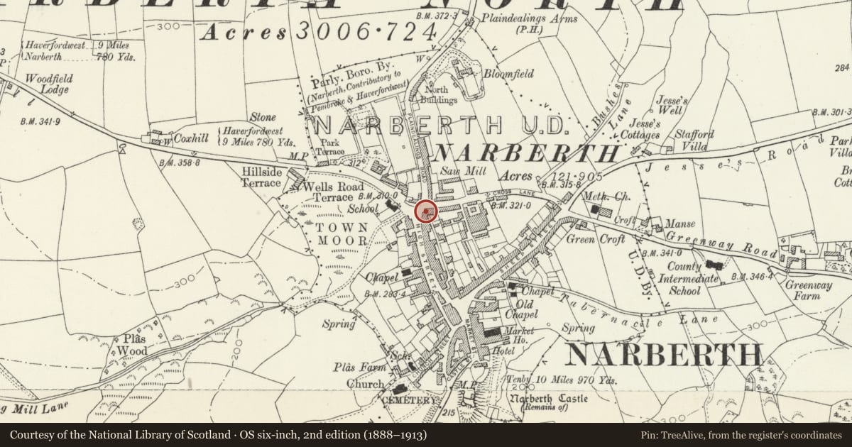 Ordnance Survey six-inch map, 2nd edition (1888–1913) covering the location of 2 High Street, Narberth, Pembrokeshire, with a pin at the register's coordinates
