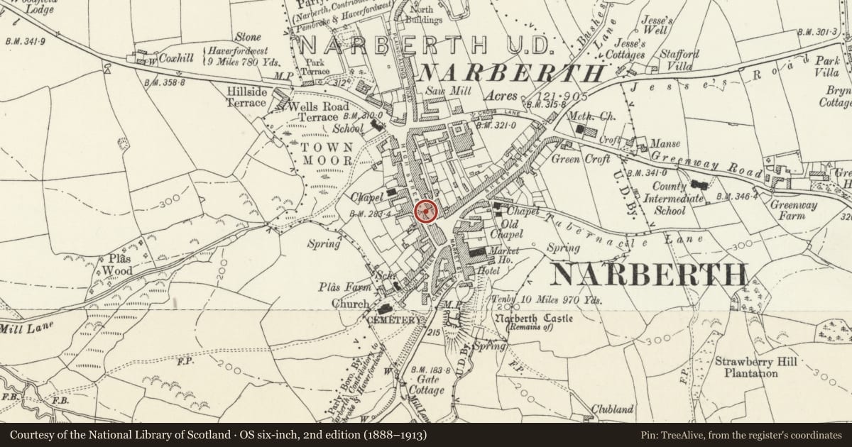 Ordnance Survey six-inch map, 2nd edition (1888–1913) covering the location of Town Hall, Narberth, Pembrokeshire, with a pin at the register's coordinates