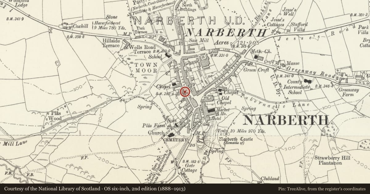Ordnance Survey six-inch map, 2nd edition (1888–1913) covering the location of Pencraig, Narberth, Pembrokeshire, with a pin at the register's coordinates
