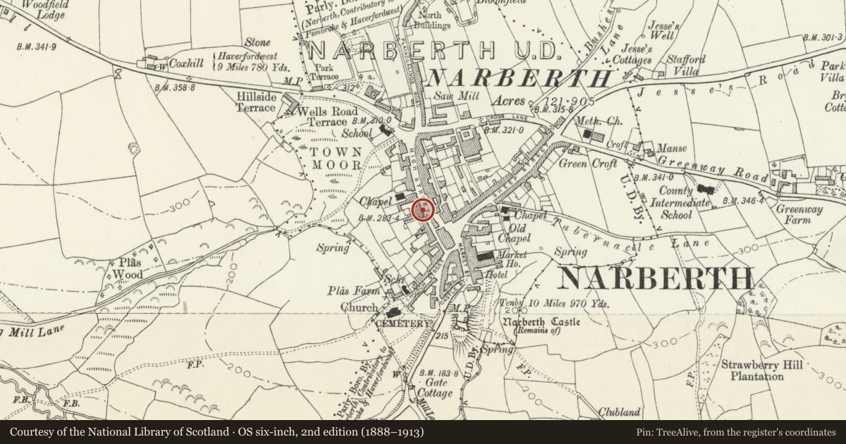 Ordnance Survey six-inch map, 2nd edition (1888–1913) covering the location of Howell Williams Solicitor, County of Pembroke Sherriff's Office, Narberth, Pembrokeshire, with a pin at the register's coordinates