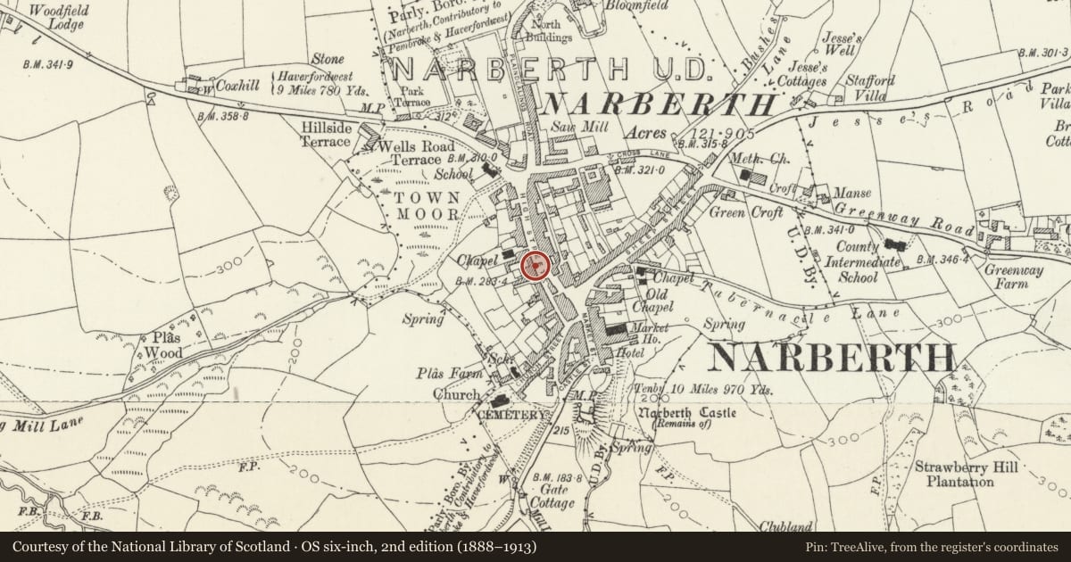Ordnance Survey six-inch map, 2nd edition (1888–1913) covering the location of National Westminster Bank, Narberth, Pembrokeshire, with a pin at the register's coordinates