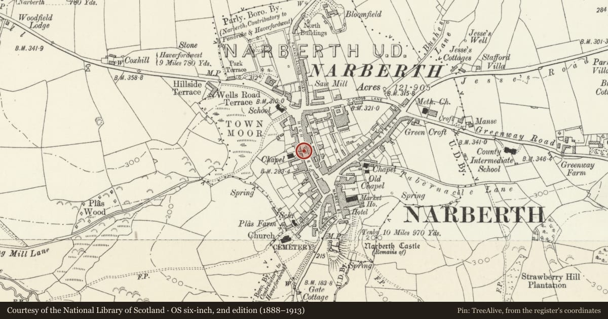 Ordnance Survey six-inch map, 2nd edition (1888–1913) covering the location of Gates to Bethesda Chapel, Narberth, Pembrokeshire, with a pin at the register's coordinates