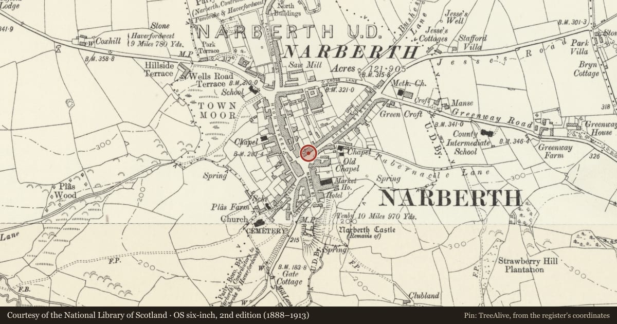 Ordnance Survey six-inch map, 2nd edition (1888–1913) covering the location of Megna Indian Takeaway, Narberth, Pembrokeshire, with a pin at the register's coordinates