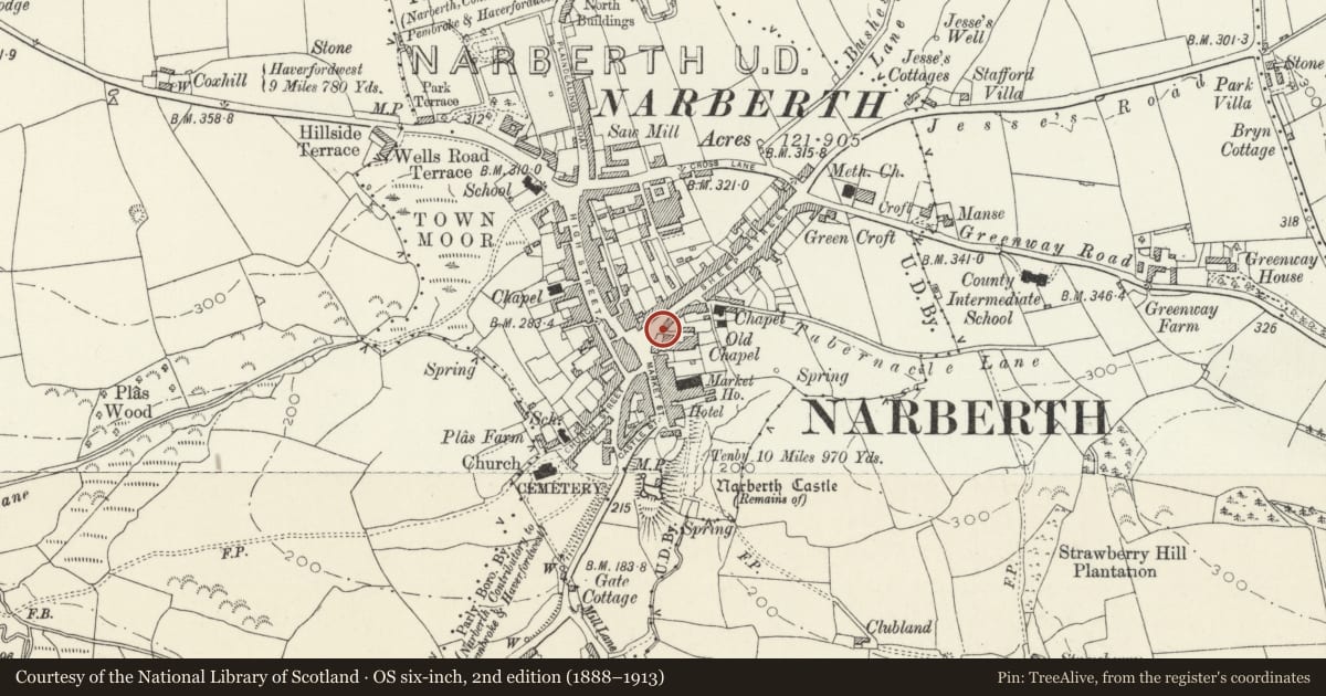 Ordnance Survey six-inch map, 2nd edition (1888–1913) covering the location of Pillar Box, Narberth, Pembrokeshire, with a pin at the register's coordinates