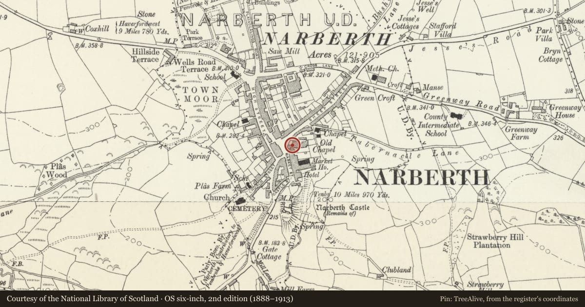 Ordnance Survey six-inch map, 2nd edition (1888–1913) covering the location of Whispers, Narberth, Pembrokeshire, with a pin at the register's coordinates