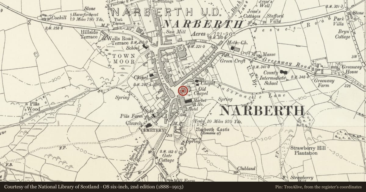 Ordnance Survey six-inch map, 2nd edition (1888–1913) covering the location of Olieme House, Narberth, Pembrokeshire, with a pin at the register's coordinates
