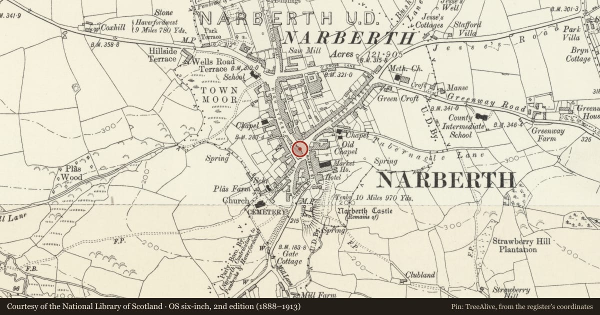 Ordnance Survey six-inch map, 2nd edition (1888–1913) covering the location of 14 Market Square, Narberth, Pembrokeshire, with a pin at the register's coordinates