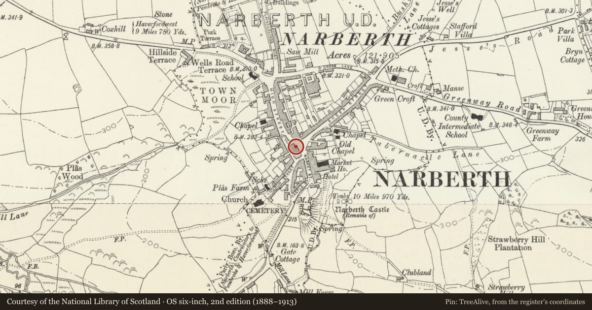 Ordnance Survey six-inch map, 2nd edition (1888–1913) covering the location of 15 Market Square, Narberth, Pembrokeshire, with a pin at the register's coordinates