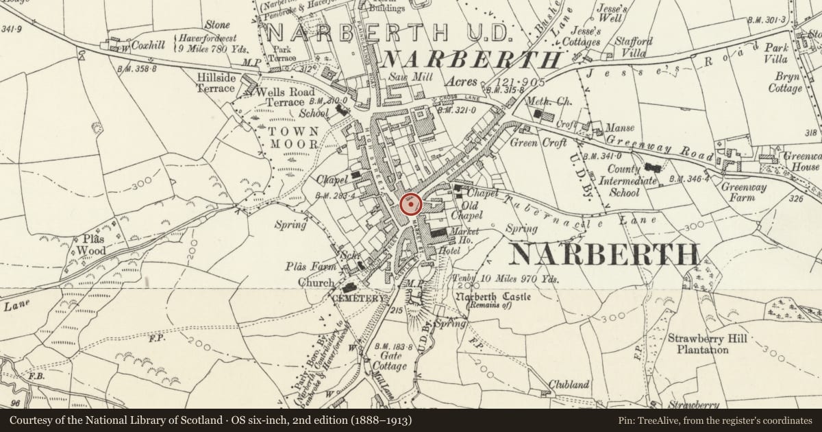 Ordnance Survey six-inch map, 2nd edition (1888–1913) covering the location of War Memorial, Narberth, Pembrokeshire, with a pin at the register's coordinates