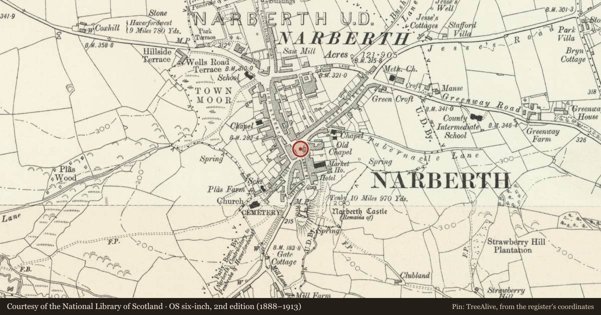 Ordnance Survey six-inch map, 2nd edition (1888–1913) covering the location of Telephone Call-box by War Memorial, Narberth, Pembrokeshire, with a pin at the register's coordinates