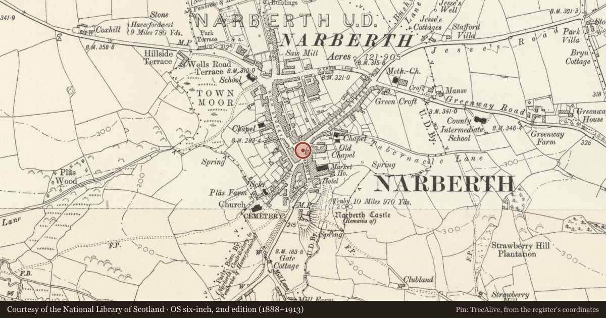 Ordnance Survey six-inch map, 2nd edition (1888–1913) covering the location of Lamp Standard by War Memorial, Narberth, Pembrokeshire, with a pin at the register's coordinates