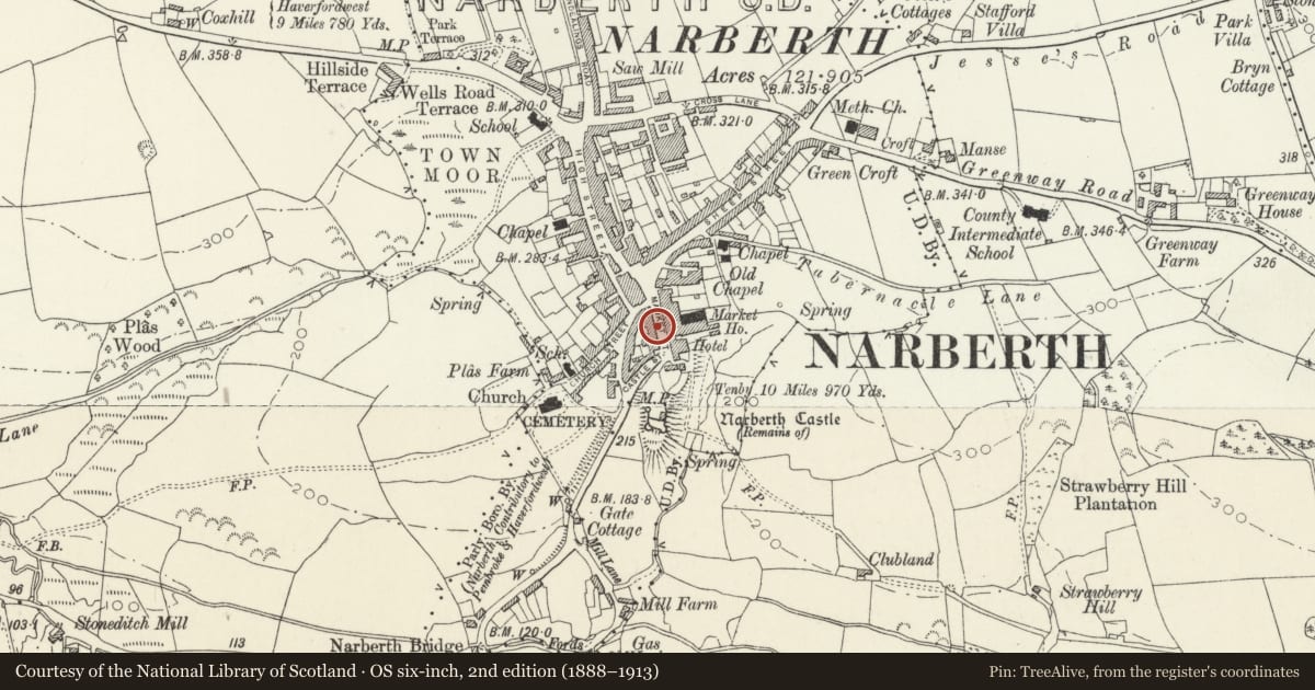 Ordnance Survey six-inch map, 2nd edition (1888–1913) covering the location of 12 Market Square, Narberth, Pembrokeshire, with a pin at the register's coordinates