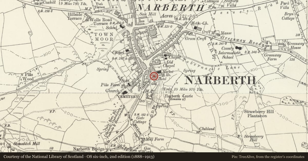 Ordnance Survey six-inch map, 2nd edition (1888–1913) covering the location of The Rutzen Arms P.H., Narberth, Pembrokeshire, with a pin at the register's coordinates