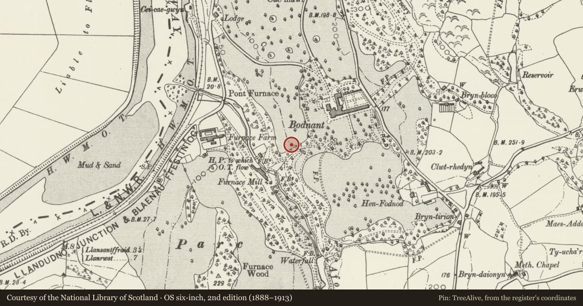 Ordnance Survey six-inch map, 2nd edition (1888–1913) covering the location of The Pin Mill, Eglwysbach, Conwy, with a pin at the register's coordinates