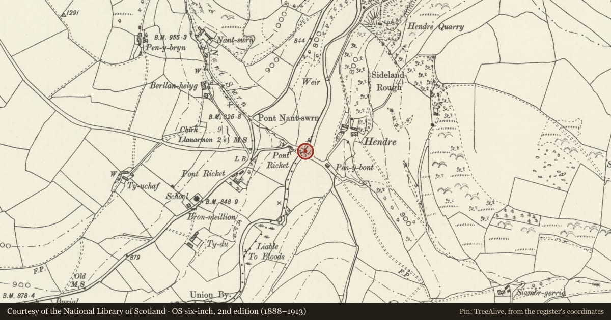 Ordnance Survey six-inch map, 2nd edition (1888–1913) covering the location of Pont Ricket, Ceiriog Ucha, Wrexham, with a pin at the register's coordinates