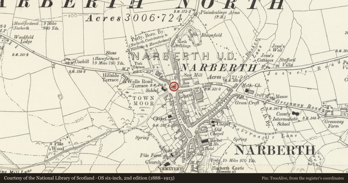 Ordnance Survey six-inch map, 2nd edition (1888–1913) covering the location of Hill House (Chestnut Tree Lodge), Narberth, Pembrokeshire, with a pin at the register's coordinates
