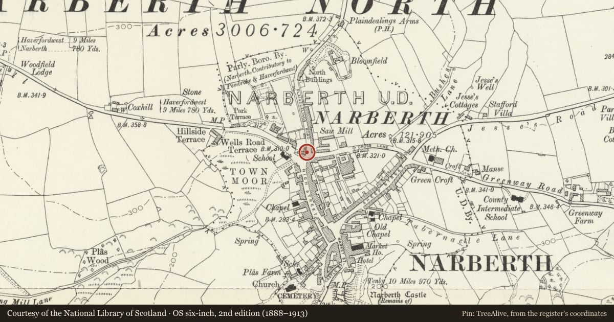 Ordnance Survey six-inch map, 2nd edition (1888–1913) covering the location of The Emporium, Narberth, Pembrokeshire, with a pin at the register's coordinates
