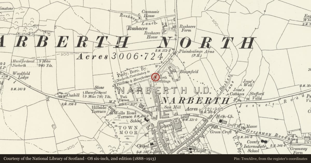Ordnance Survey six-inch map, 2nd edition (1888–1913) covering the location of 21 Northfield Road, Narberth, Pembrokeshire, with a pin at the register's coordinates