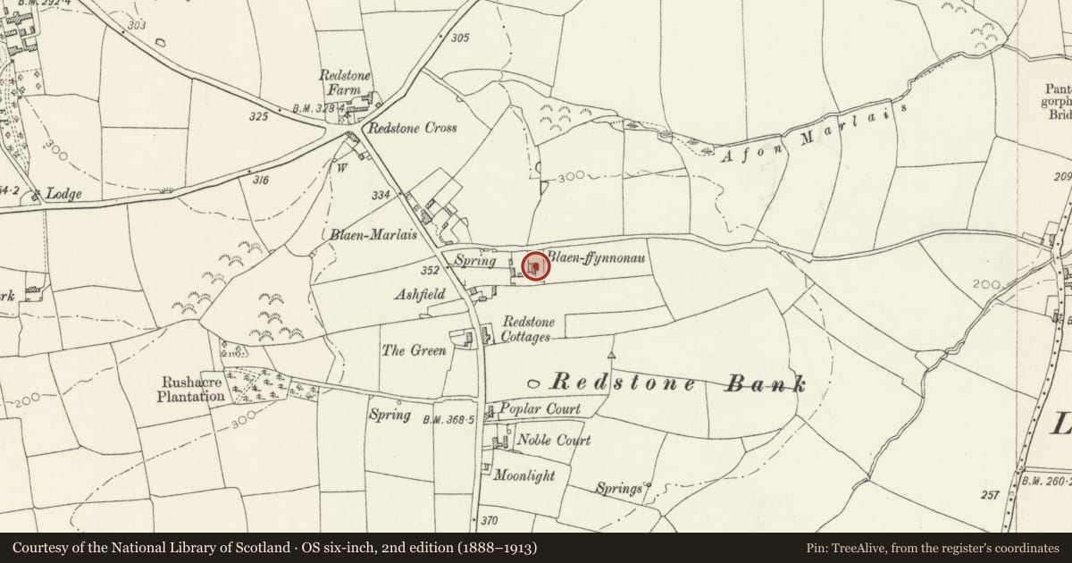 Ordnance Survey six-inch map, 2nd edition (1888–1913) covering the location of Blaen Ffynnonau, Narberth, Pembrokeshire, with a pin at the register's coordinates