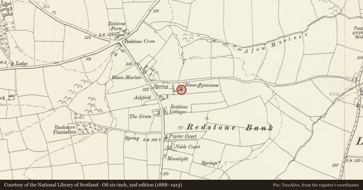 Ordnance Survey six-inch map, 2nd edition (1888–1913) covering the location of Stable attached to Blaen Ffynnonau, Narberth, Pembrokeshire, with a pin at the register's coordinates