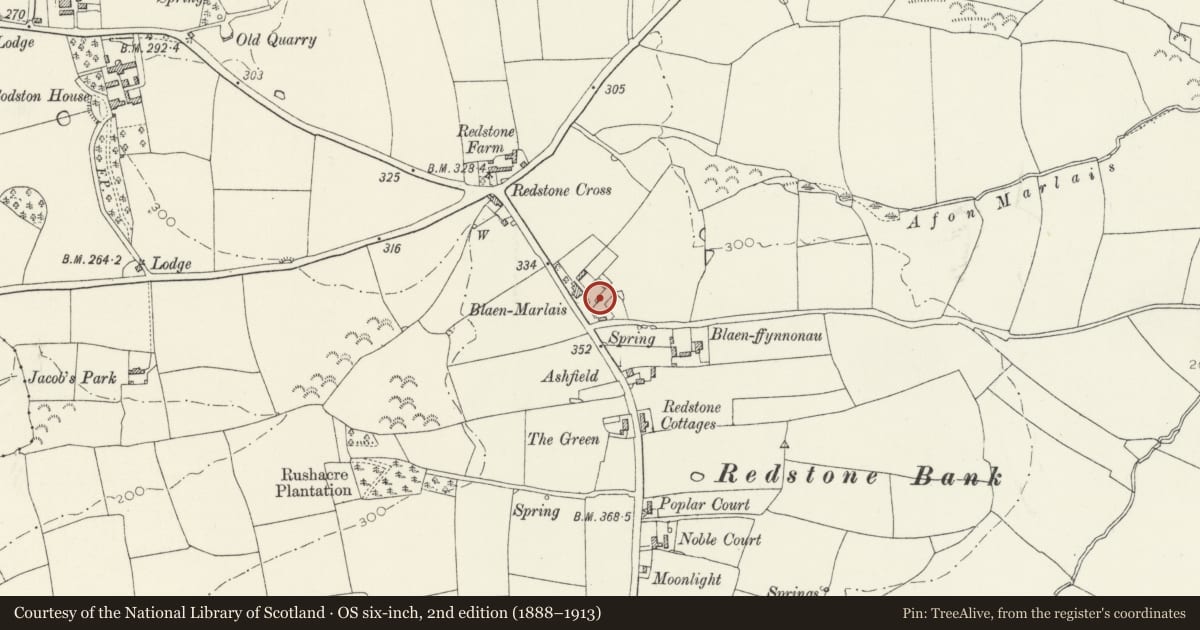 Ordnance Survey six-inch map, 2nd edition (1888–1913) covering the location of Barn in Grounds of Blaen Marlais, Narberth, Pembrokeshire, with a pin at the register's coordinates