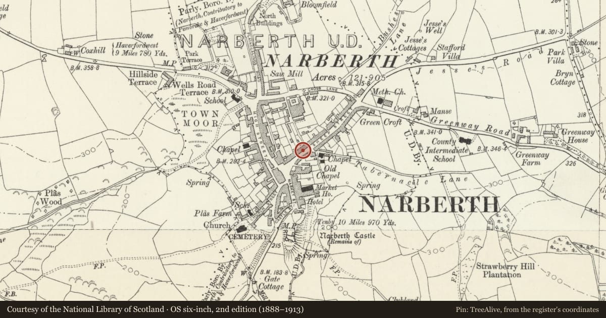 Ordnance Survey six-inch map, 2nd edition (1888–1913) covering the location of Barclay's Bank, Narberth, Pembrokeshire, with a pin at the register's coordinates