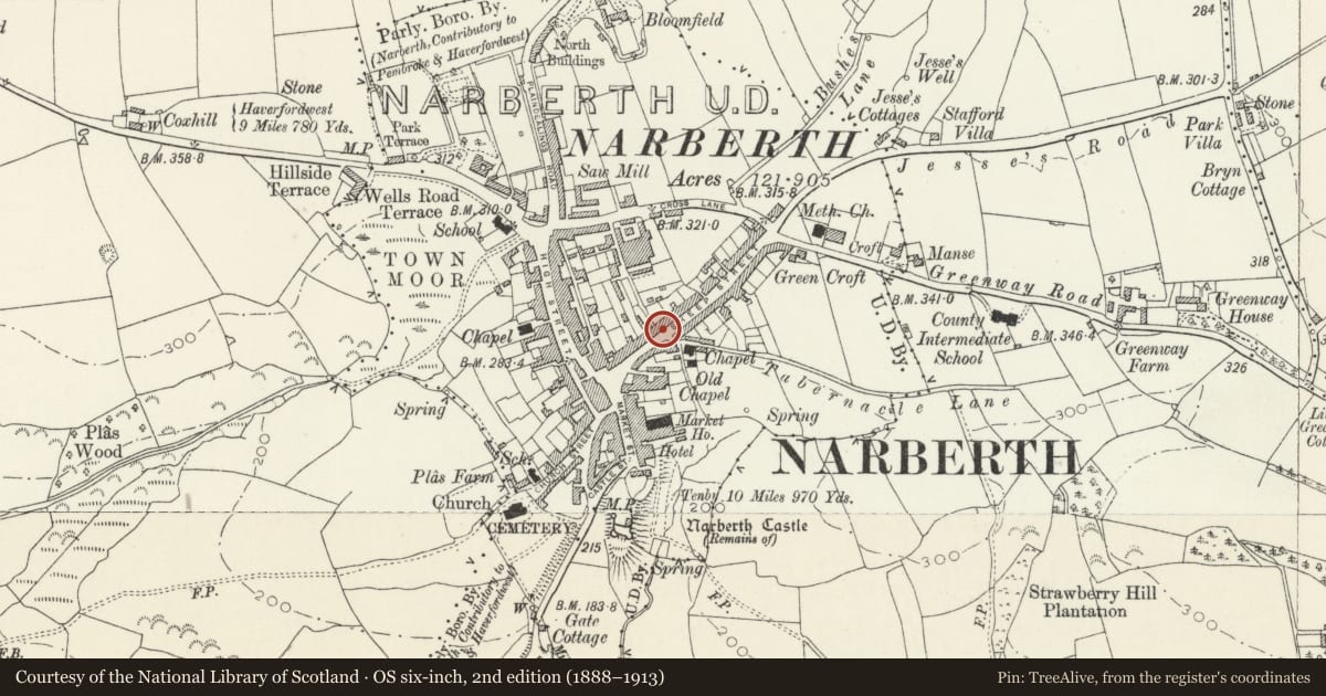Ordnance Survey six-inch map, 2nd edition (1888–1913) covering the location of Staunton House, Narberth, Pembrokeshire, with a pin at the register's coordinates