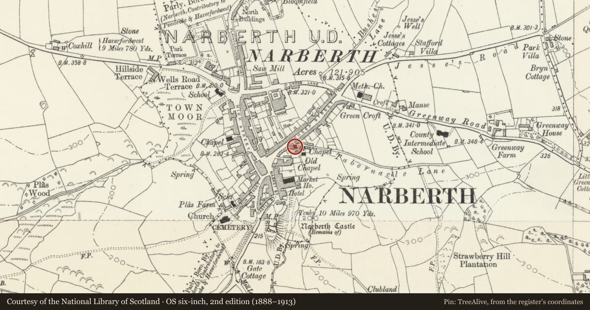Ordnance Survey six-inch map, 2nd edition (1888–1913) covering the location of Llwynon, Narberth, Pembrokeshire, with a pin at the register's coordinates
