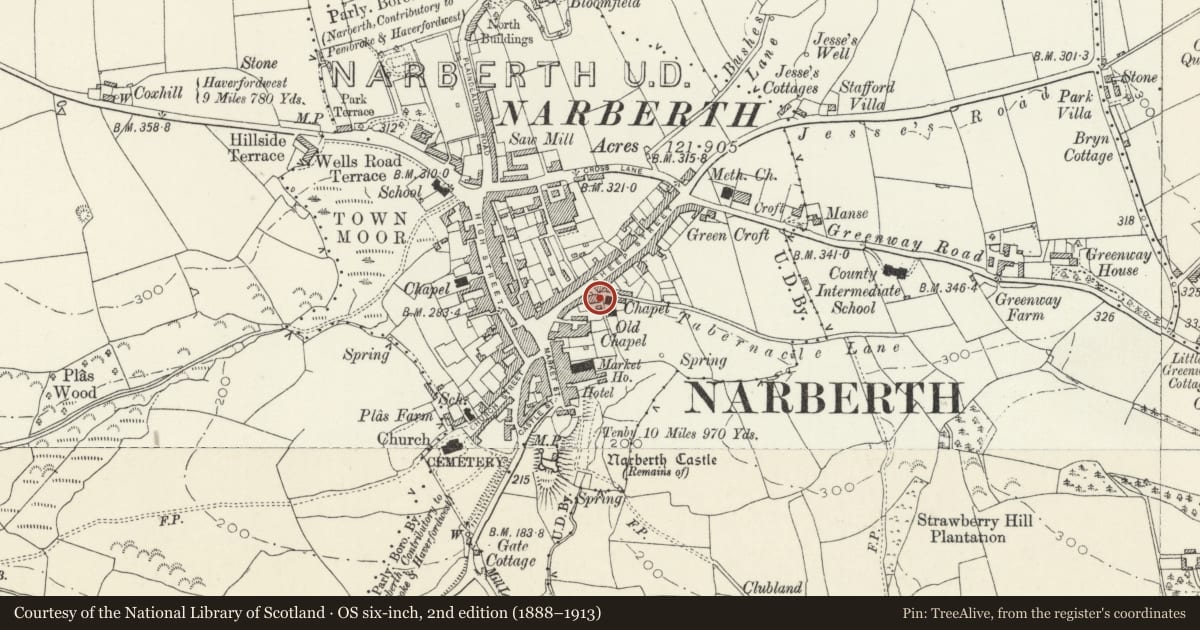 Ordnance Survey six-inch map, 2nd edition (1888–1913) covering the location of Annexe adjoining No.61 (Llwynon), Narberth, Pembrokeshire, with a pin at the register's coordinates