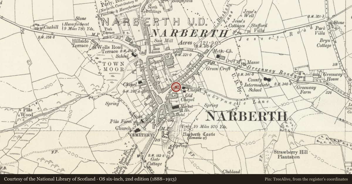 Ordnance Survey six-inch map, 2nd edition (1888–1913) covering the location of G.Badham & Sons, Narberth, Pembrokeshire, with a pin at the register's coordinates