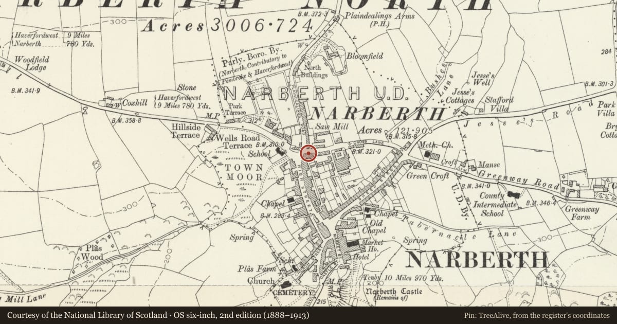 Ordnance Survey six-inch map, 2nd edition (1888–1913) covering the location of Animal Kitchen, Narberth, Pembrokeshire, with a pin at the register's coordinates