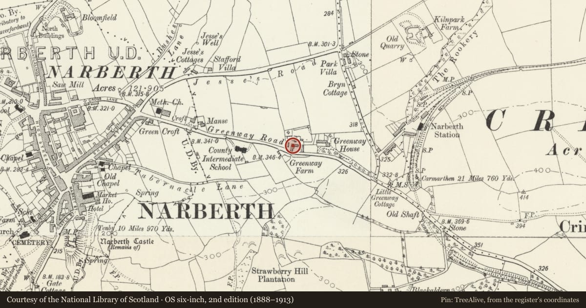 Ordnance Survey six-inch map, 2nd edition (1888–1913) covering the location of Greenway Farm, Narberth, Pembrokeshire, with a pin at the register's coordinates