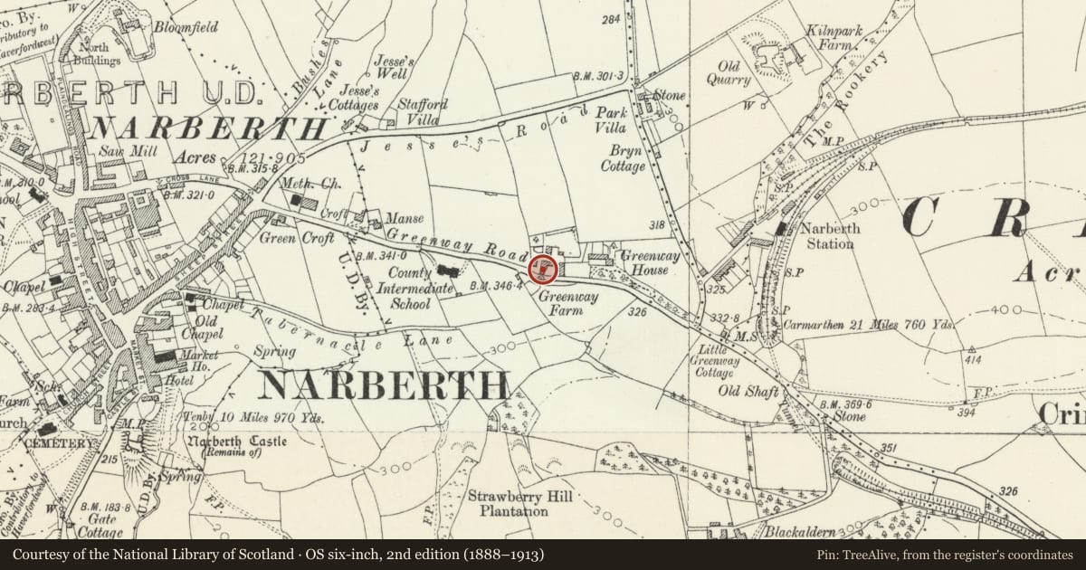 Ordnance Survey six-inch map, 2nd edition (1888–1913) covering the location of Cartshed adjoining Greenway Farm, Narberth, Pembrokeshire, with a pin at the register's coordinates