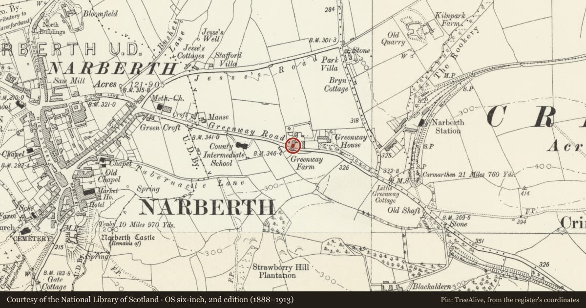 Ordnance Survey six-inch map, 2nd edition (1888–1913) covering the location of Stable adjoining Greenway Farm, Narberth, Pembrokeshire, with a pin at the register's coordinates