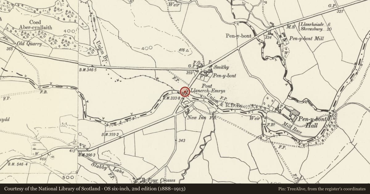 Ordnance Survey six-inch map, 2nd edition (1888–1913) covering the location of Pont Llanerch Emrys (Partly in the Community of Llansantffraid), Llangedwyn, Powys, with a pin at the register's coordinates
