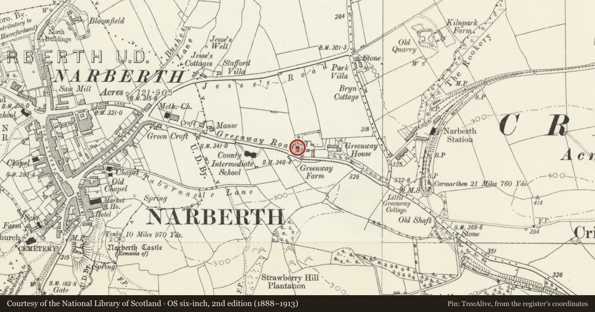 Ordnance Survey six-inch map, 2nd edition (1888–1913) covering the location of Byre at Greenway Farm, Narberth, Pembrokeshire, with a pin at the register's coordinates