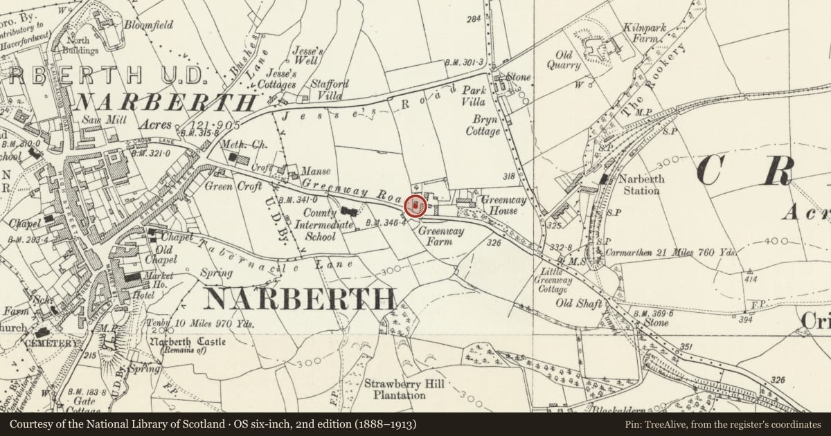 Ordnance Survey six-inch map, 2nd edition (1888–1913) covering the location of Outhouse at Greenway Farm, Narberth, Pembrokeshire, with a pin at the register's coordinates