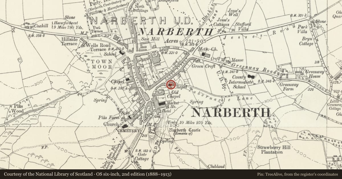 Ordnance Survey six-inch map, 2nd edition (1888–1913) covering the location of Tabernacle United Reformed Church, Narberth, Pembrokeshire, with a pin at the register's coordinates