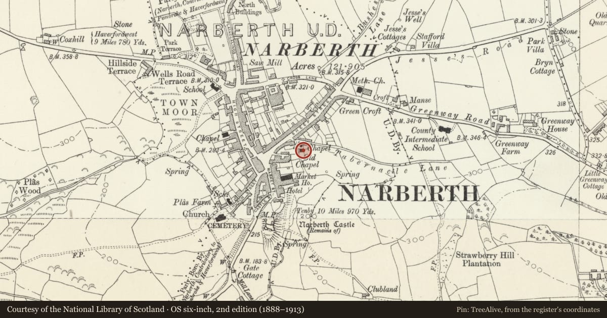 Ordnance Survey six-inch map, 2nd edition (1888–1913) covering the location of Schoolroom to Tabernacle United Reformed Church, Narberth, Pembrokeshire, with a pin at the register's coordinates